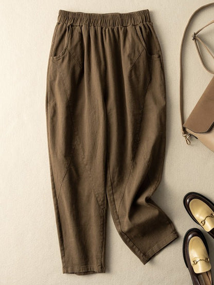 100% Natural Fabric Loose Ninth Pants With Pocket In Solid Color