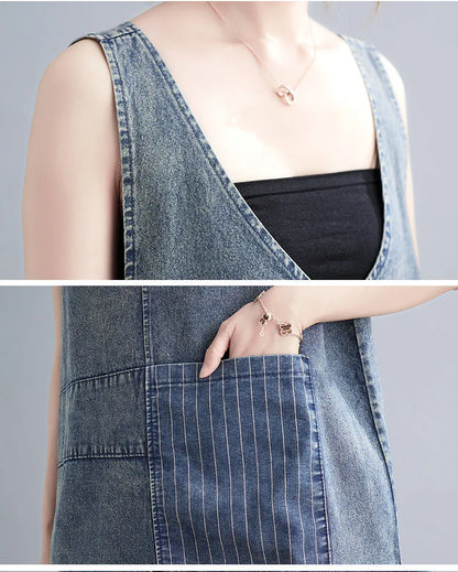 Vintage Literary Washed V-Neck Sleeveless Denim Dress