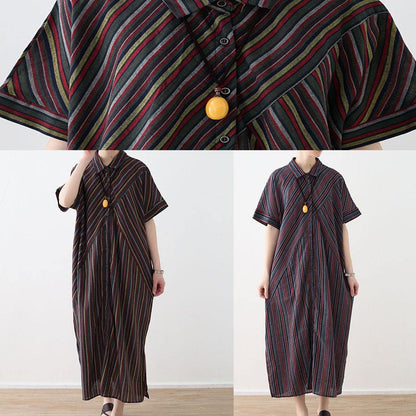 Italian yellow green linen dresses lapel collar Art summer shirt Dress