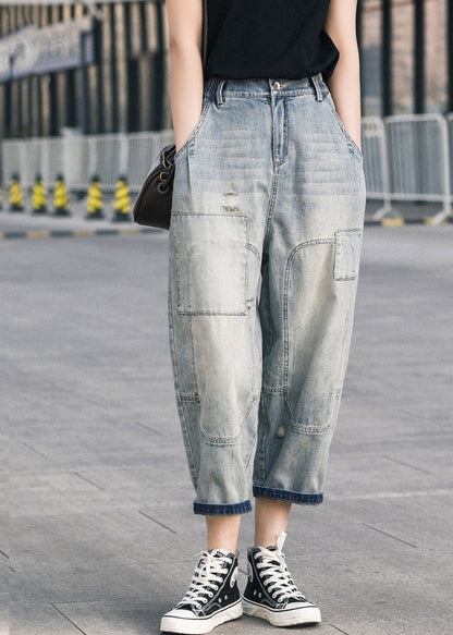 Chic Blue Oversized Patchwork Applique Denim Ripped Pants Summer
