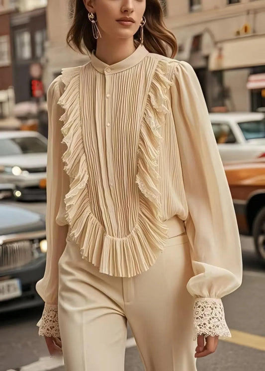 Chic Apricot Patchwork Wrinkled Chiffon Formal Shirt Spring