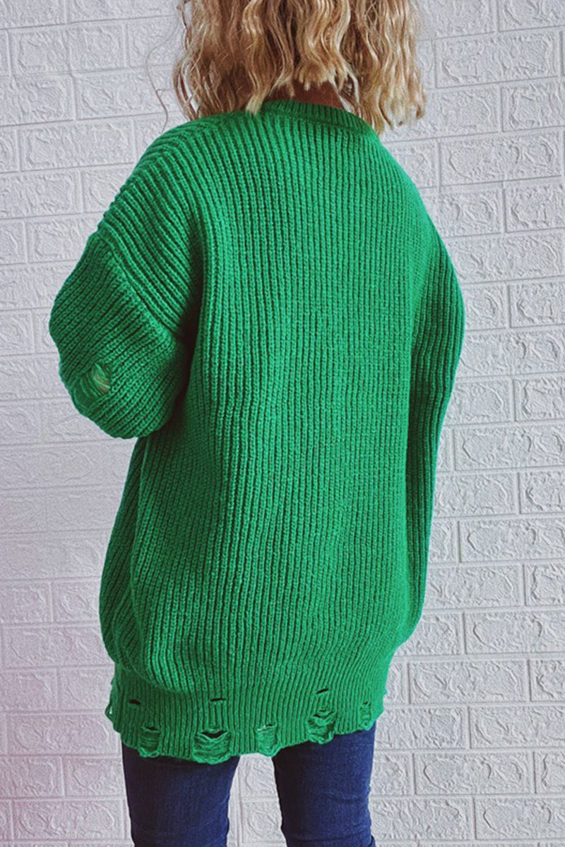 Street Solid Ripped O Neck Tops