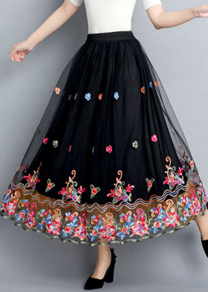 Vintage Black Embroideried Floral Tulle Maxi Skirts Summer