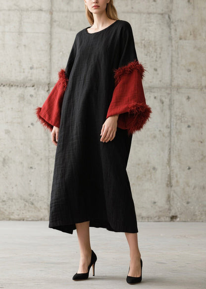 Art Black O-Neck Patchwork Faux Fur Dresses Flare Sleeve