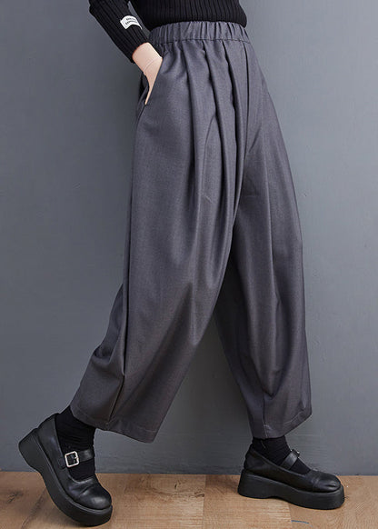 Casual Grey Pockets Elastic Waist Cotton Crop Pants Spring