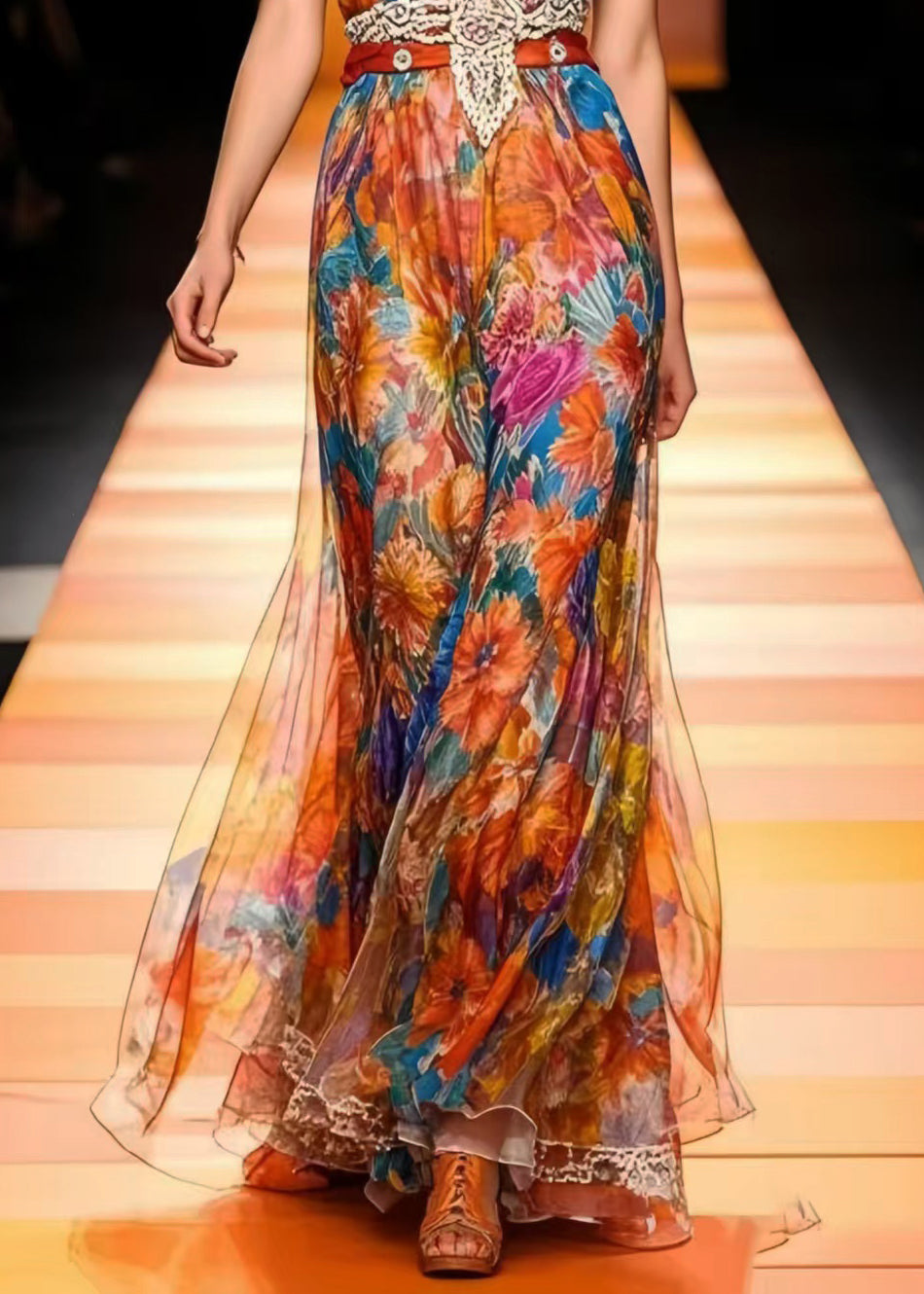 Modern Cinched Floral Print Chiffon Long Dresses Summer