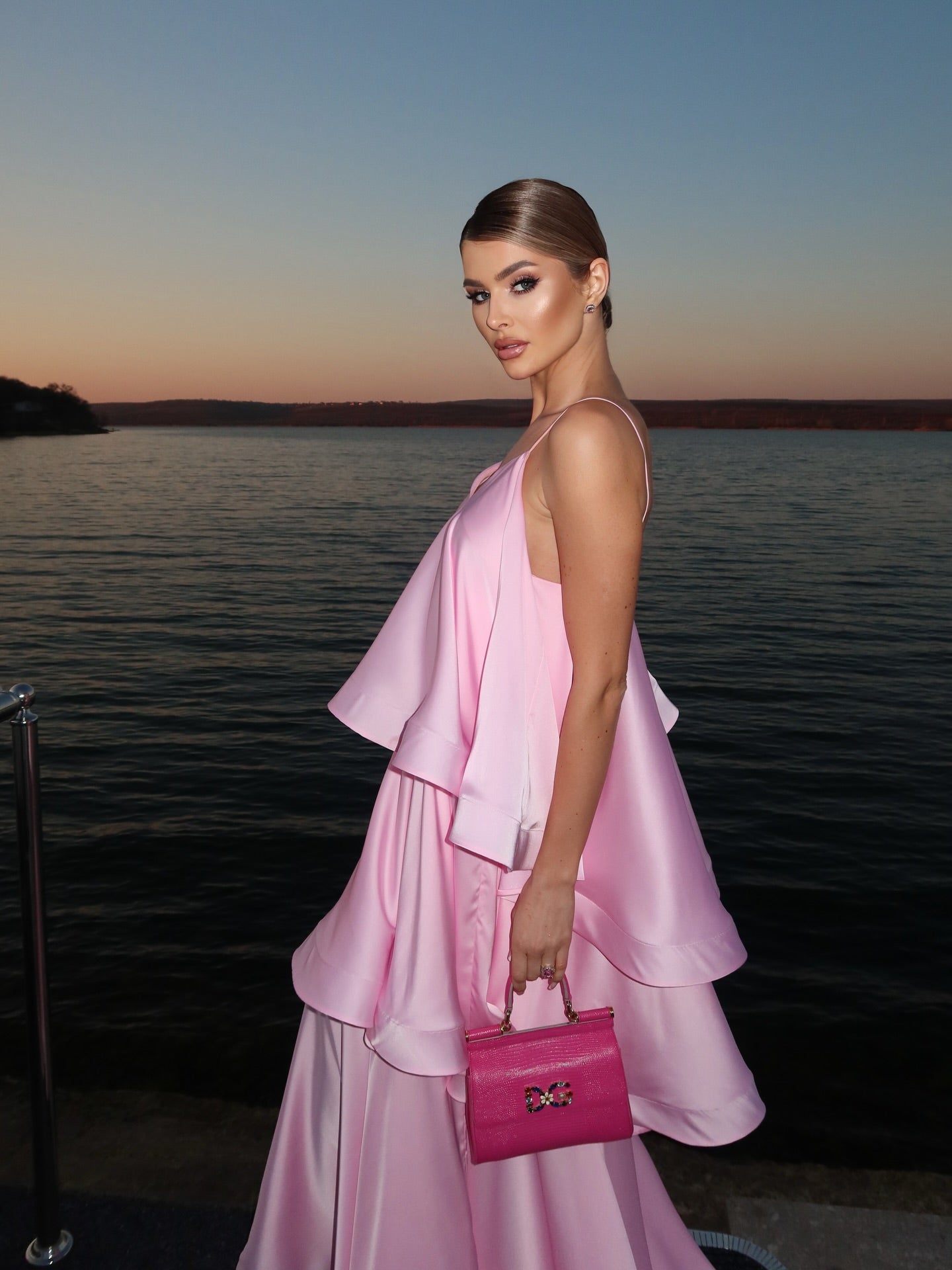 Pink Satin V-Neck Spaghetti Strap Tiered Ruffle Maxi Evening Gown