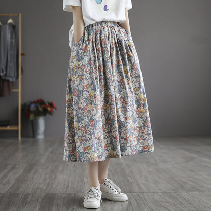 Literary Pleated Elastic Waist Floral A-Line Skirt