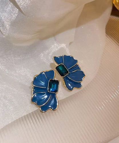 Boho Blue Alloy Crystal Drip Glaze Petal Stud Earrings