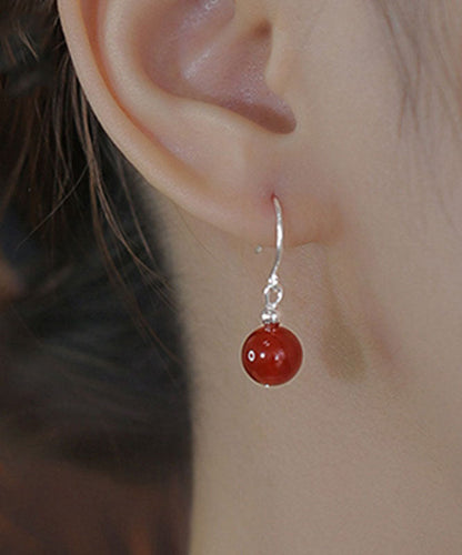 Chinese Style Red Sterling Silver Overgild Jade Drop Earrings