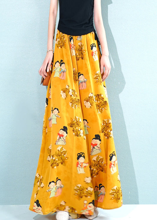 Fashion Yellow Print Pockets Oversized Chiffon Pants Skirt Summer