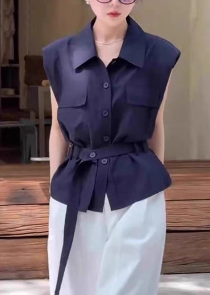 Women Navy Peter Pan Collar Button Cotton Shirt Sleeveless