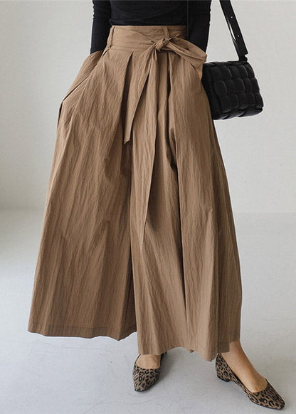 Vogue Khaki Pockets Tie Waist Corduroy Wide Leg Pants