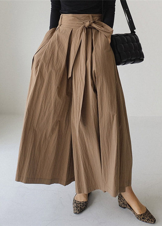 Vogue Khaki Pockets Tie Waist Corduroy Wide Leg Pants