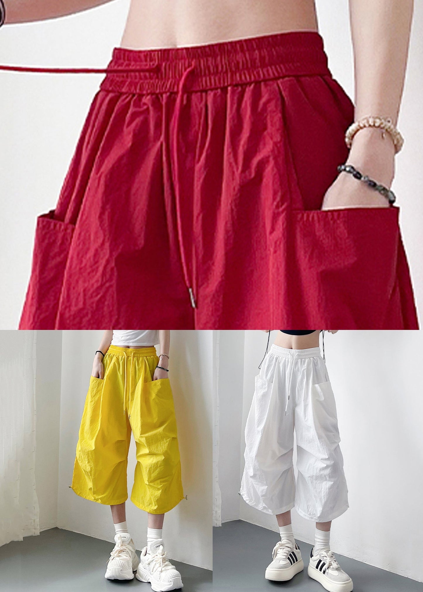 Plus Size Red Pockets Elastic Waist Cotton Crop Pants Summer