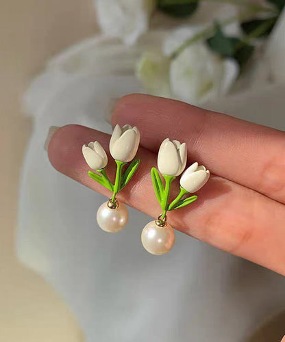 Chic White Sterling Silver Alloy Pearl Tulip Stud Earrings