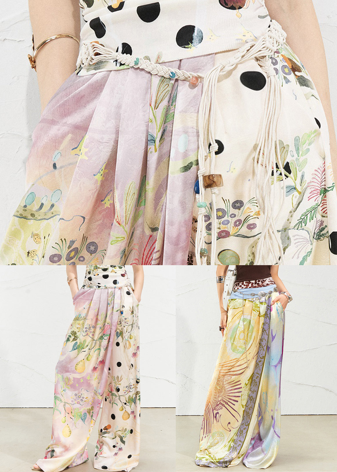 Chic Pink Asymmetrical Print Silk Wide Leg Pants Summer