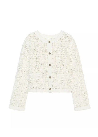 Italian White O Neck Button Hollow Out Cotton Short Coat Fall