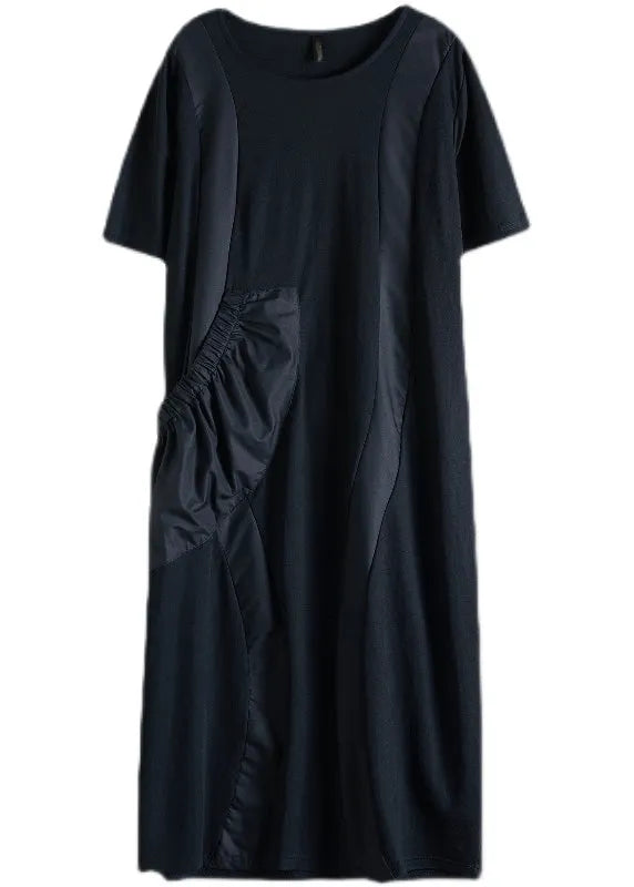 Women Black O-Neck Big Pocket Patchwork Long Dress Short Sleeve