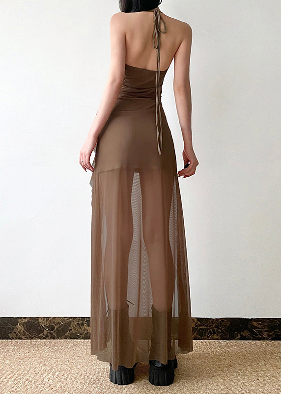 Boho Brown Side Open Silm Fit Tulle Halter Dress Summer