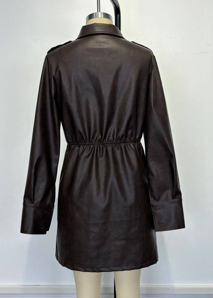 Women Coffee Peter Pan Collar Zippered Patchwork Faux Leather Mid Dress Spring