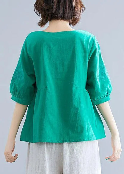 Natural o neck embroidery cotton clothes Outfits green blouses summer