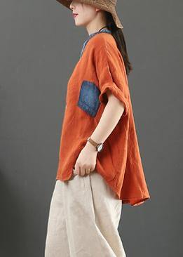 French orange linen tops women v neck pockets silhouette shirt