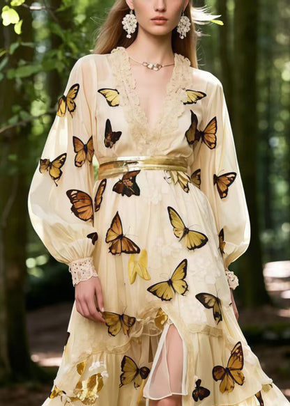 Beautiful Apricot Butterfly Print Exra Large Hem Chiffon Party Dress Spring