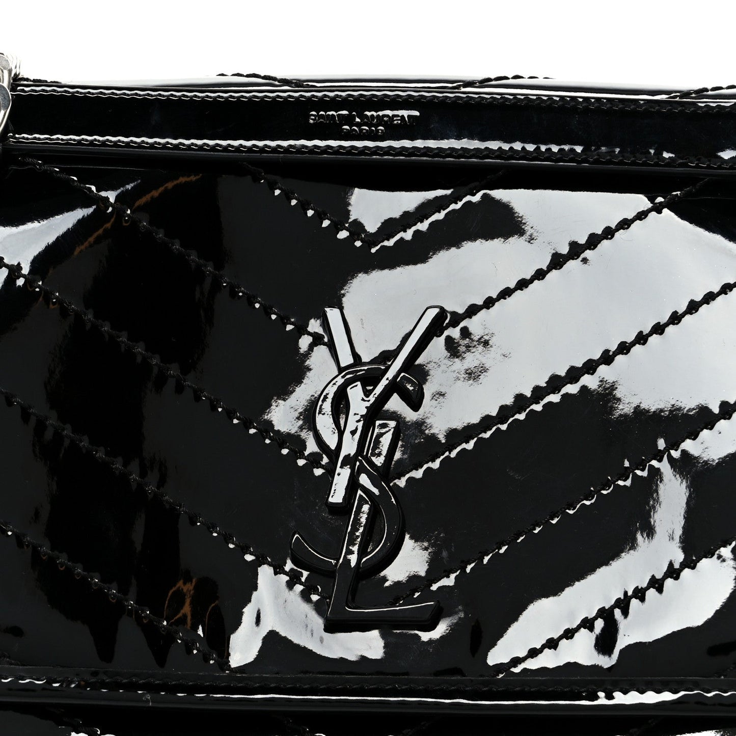 Faux Patent Matelasse Monogram Medium Niki Chain Satchel Black