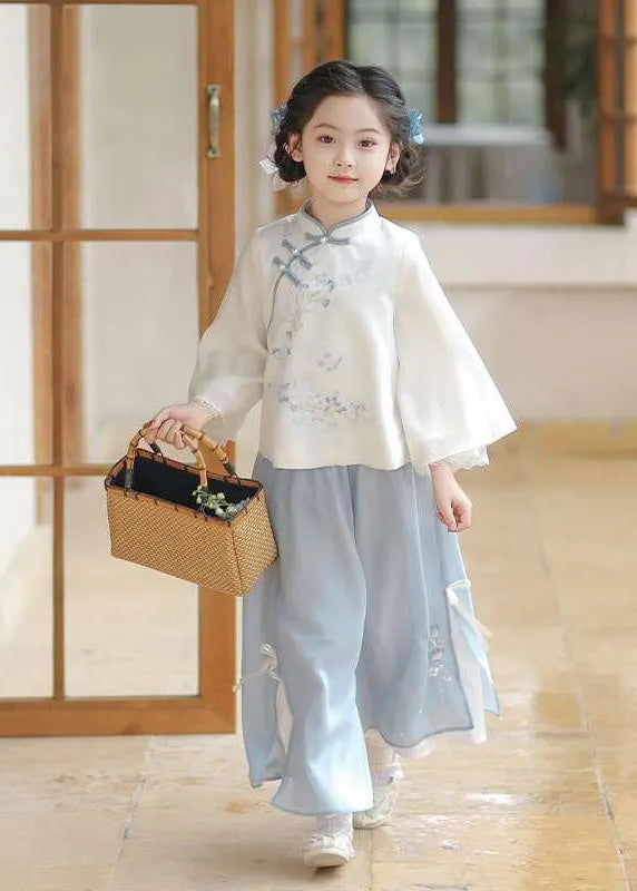 Chinese Style Pink Stand Collar Print Girls Shirts And Maxi Skirts Two Pieces Set Spring
