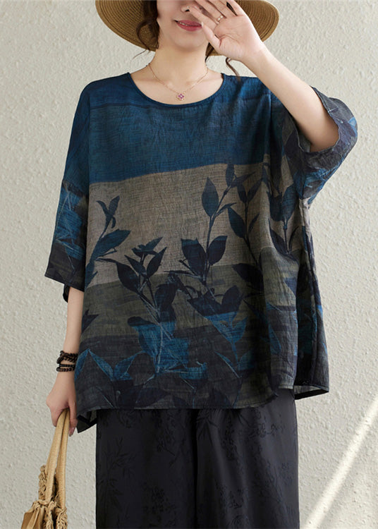 Vintage Navy Oversized Print Linen Tanks Summer