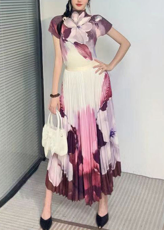 Purple Wrinkled T Shirt And Skirts Two Pieces Set Summer