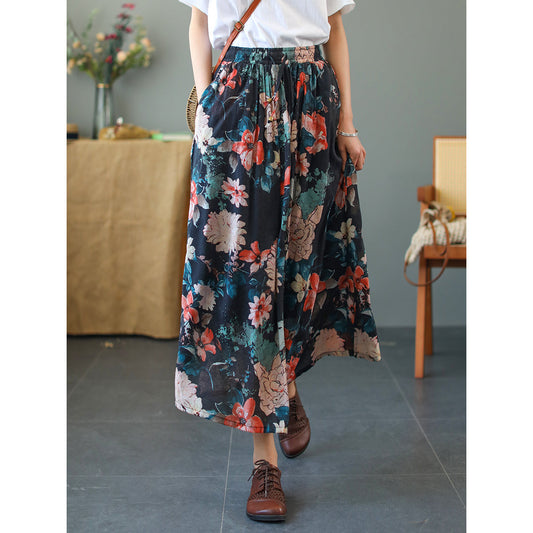 Cozy Vintage Floral Loose Lyocell Skirt