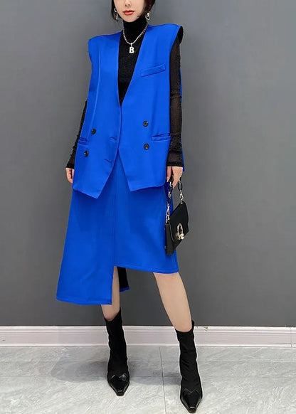 Style Blue Asymmetrical Design Spandex Vest And Skirt 2 Piece Outfit Sleeveless