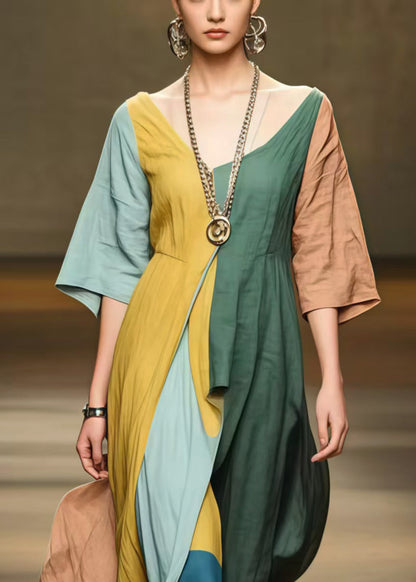 Ethnic Style Asymmetrical Patchwork Applique Cotton Long Dress Half Sleeve