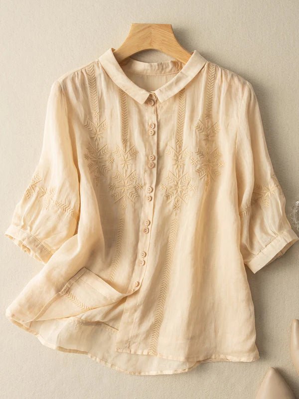 Embroidered Half Sleeve Casual Linen Shirt Top