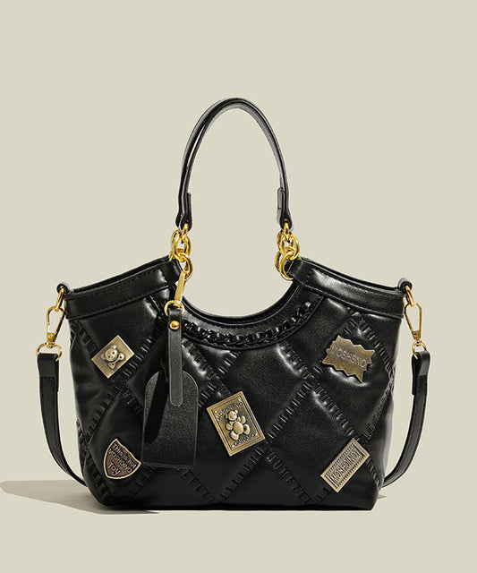 Handmade Black Bear Copper Sheet Decorated Faux Leather Tote Handbag