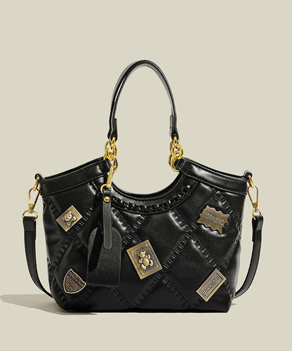 Handmade Black Bear Copper Sheet Decorated Faux Leather Tote Handbag