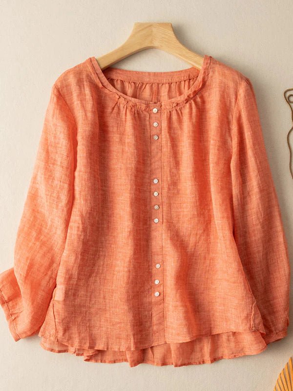 Pure Color Crew Neck Long Sleeve Casual Linen Top