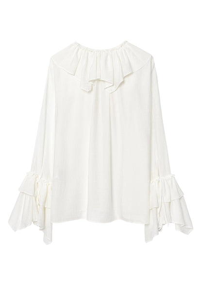 Plus Size White V Neck Ruffled Patchwork Chiffon Top Fall