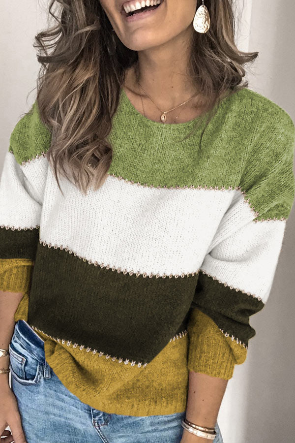 Casual Color Patchwork Round Neck Sweater