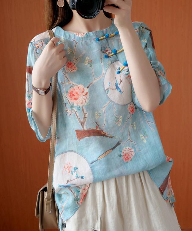 French blue print clothes o neck half sleeve baggy blouse