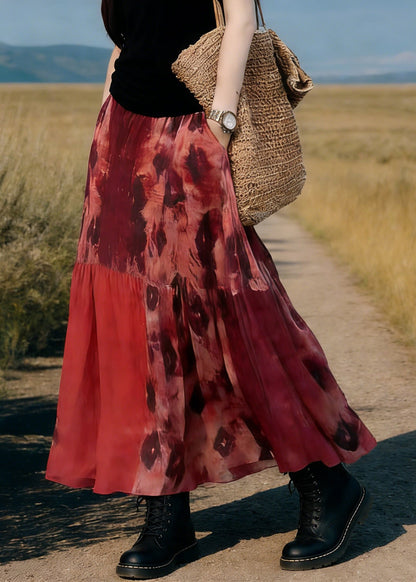 Boho Red Pockets Print Elastic Waist Maxi Skirt Spring