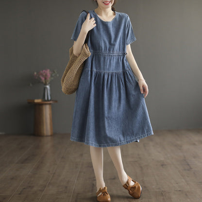 Literary Tencel Denim Mid Length Short Sleeve Dress