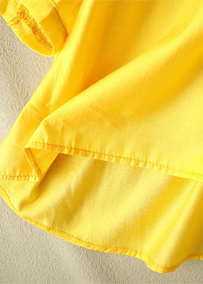 Plus Size Yellow Solid Color O-Neck Embroideried Linen Top Half Sleeve