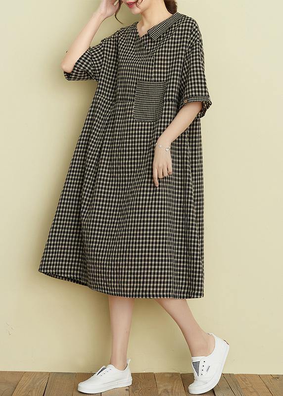 Classy v neck patchwork linen summer clothes For Women Tutorials black plaid Dress