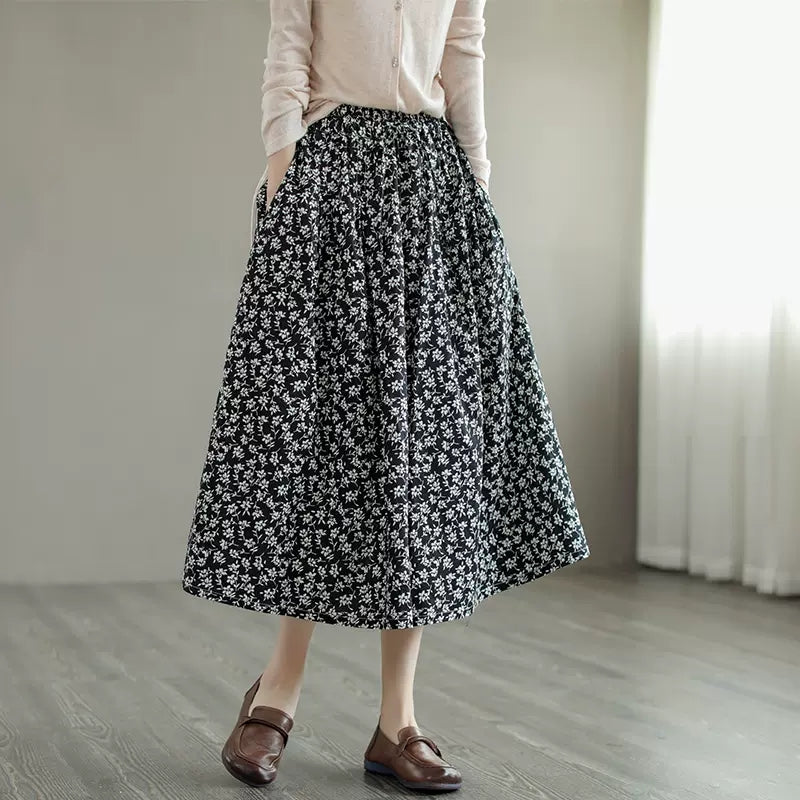 Women Cozy Retro Black Floral Cotton A-Line Skirt