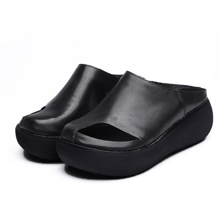 2022 Retro Women Leather Wedge Slippers