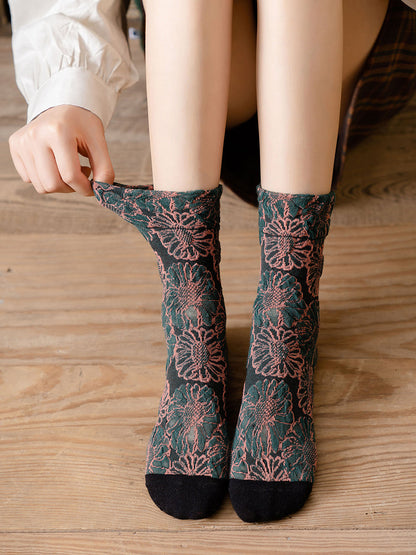 5 Pairs Cotton Vintage Floral Women Socks