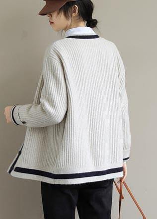 Fashion Beige Sweater Blouse V Neck Button Down  Sweaters